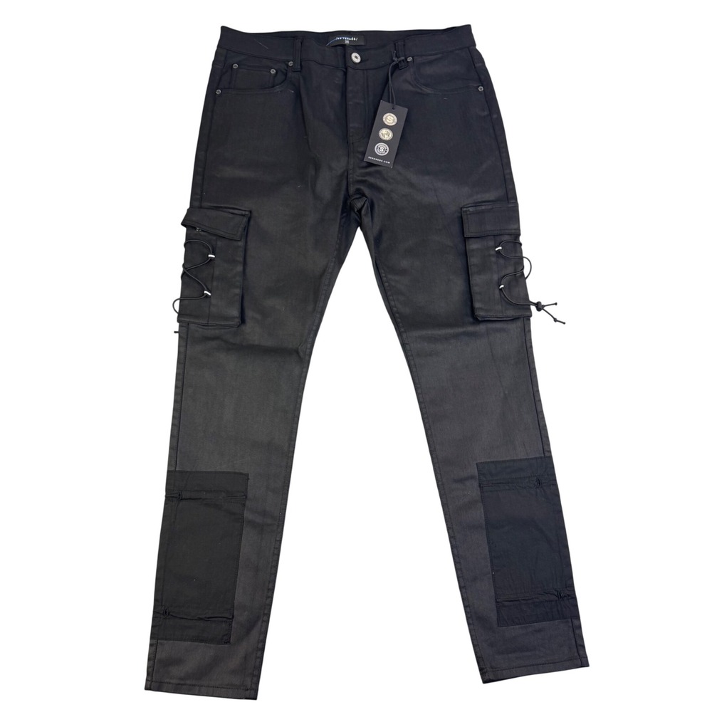 Serenede Mens Black Cargo Pants Bungee Detail Slim Fit Streetwear Size 40 NWT